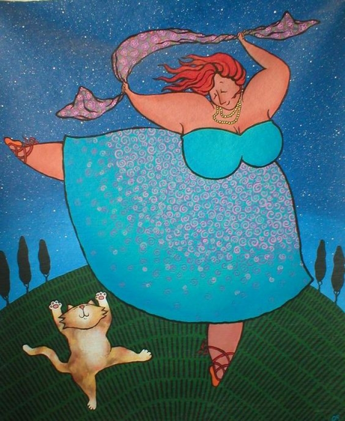 Η χοντρή κυρία και η γάτα της χορεύουν.